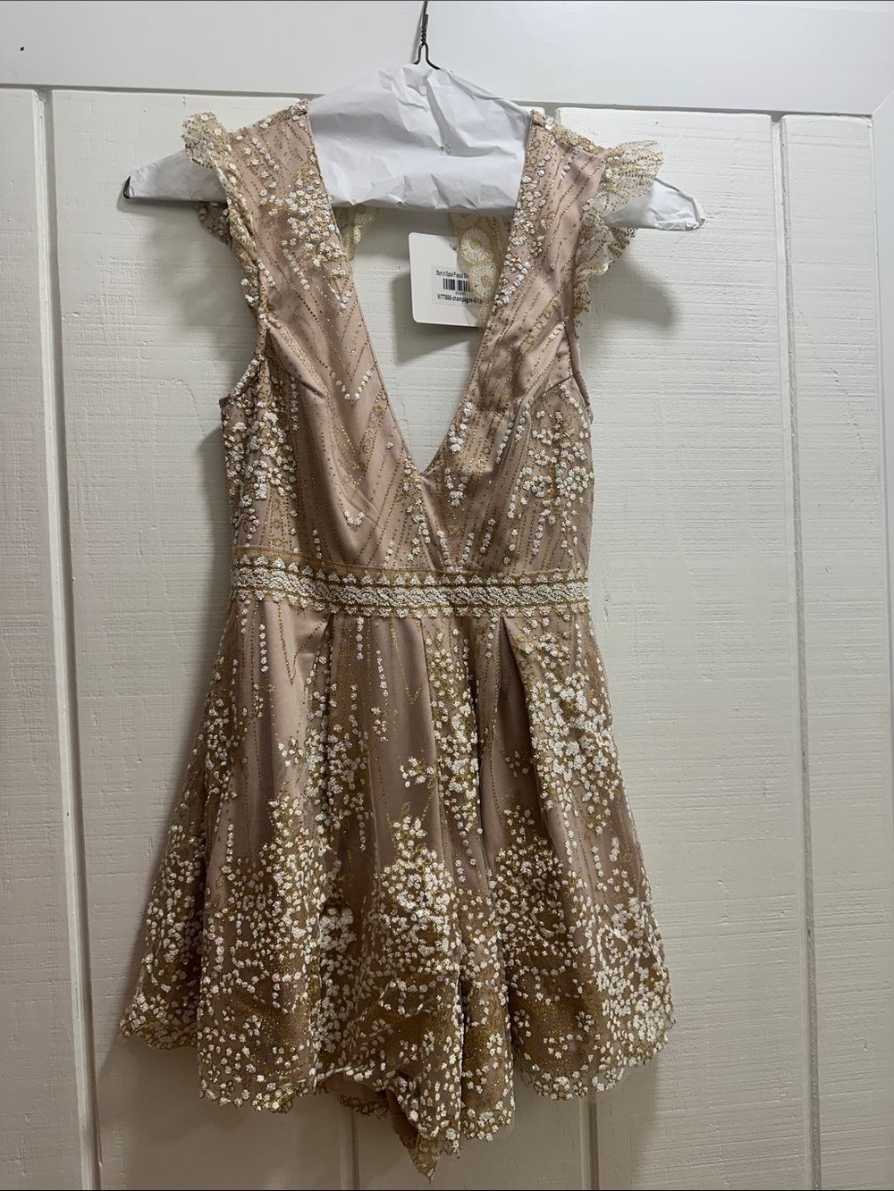 Hello Molly Champagne Beaded V-Neck Party Dress